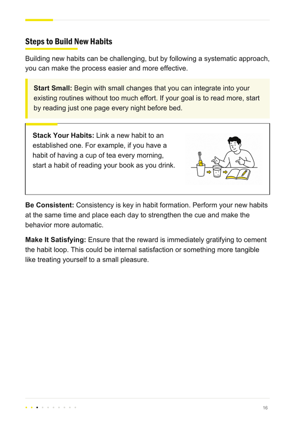 Steps to Build New Habits with a habit-stacking illustration, page 16 of The Discipline Code