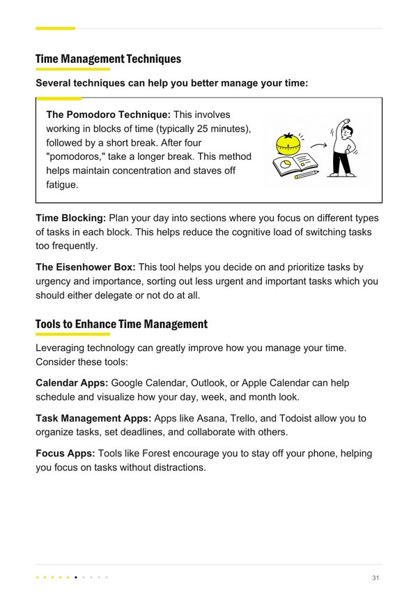 Time Management Techniques with a Pomodoro illustration, page 31 of The Discipline Code